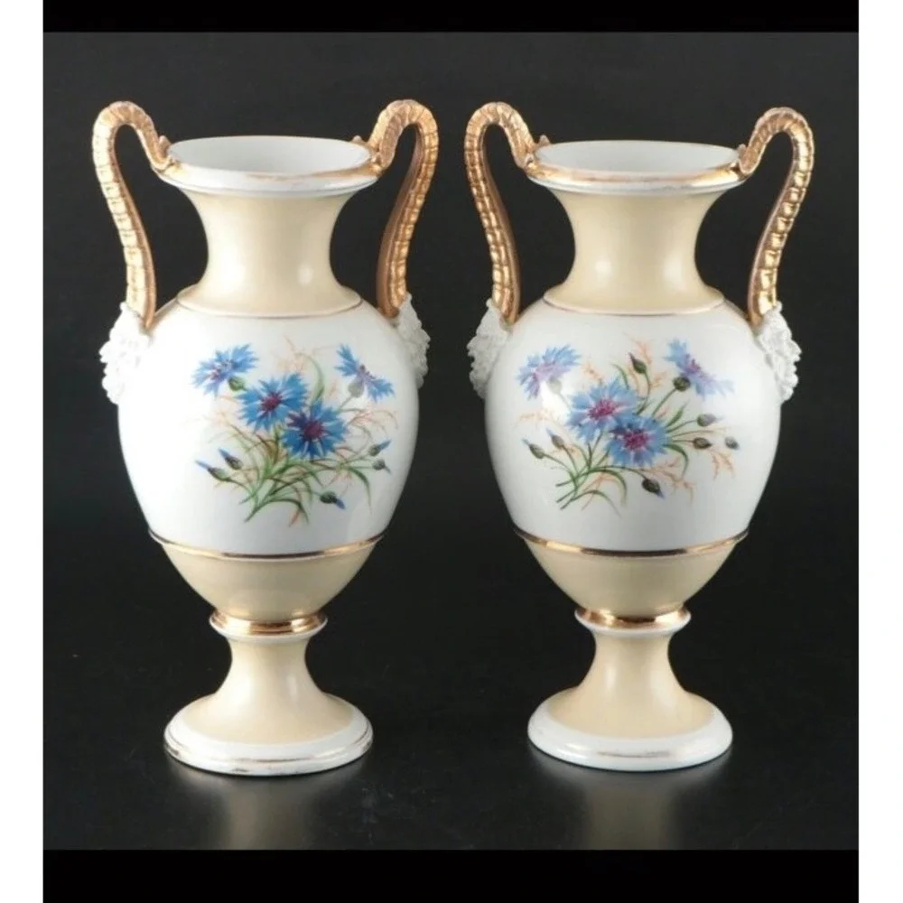 Bing & Grondahl B&G Pair Porcelain Urn Vases Hand Painted Floral Gold Gilt